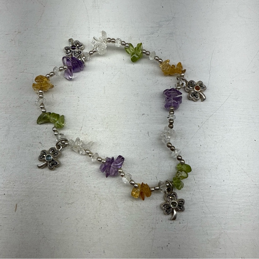 Ireland Tourist Stretch Bracelet With Sterling Clovers And Irish Natural Stones